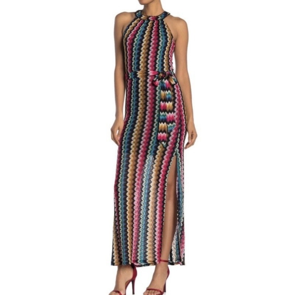 Trina Turk Maxi Dress Size 14 NWT Multicolor Chevron Halter Side Slit Belted